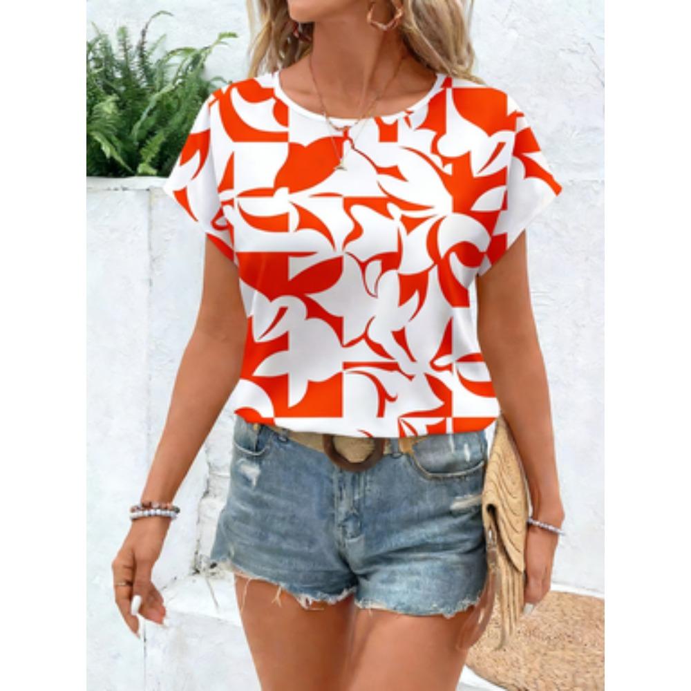 Casual Women Abstract Print Crew Neck T Shirt Short Sleeve Loose Fit Tee Shirt Summer Daily Wear Tops