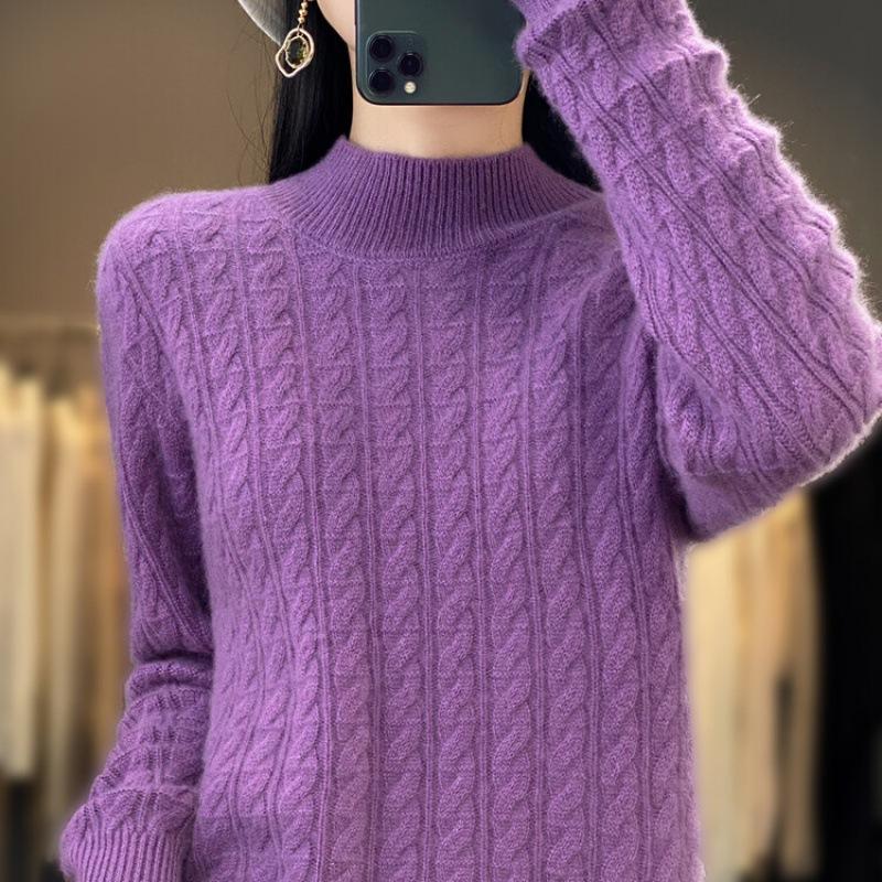 

Autumn and winter new fashion loose women s half turtleneck pullover solid color half turtleneck knitted sweater bottoming sweater thickened average size фиолетовый