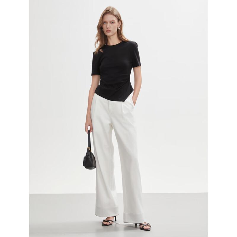 ELLE Women's Black Mulberry Silk Blend Irregular Pleated Short Sleeve T-shirt