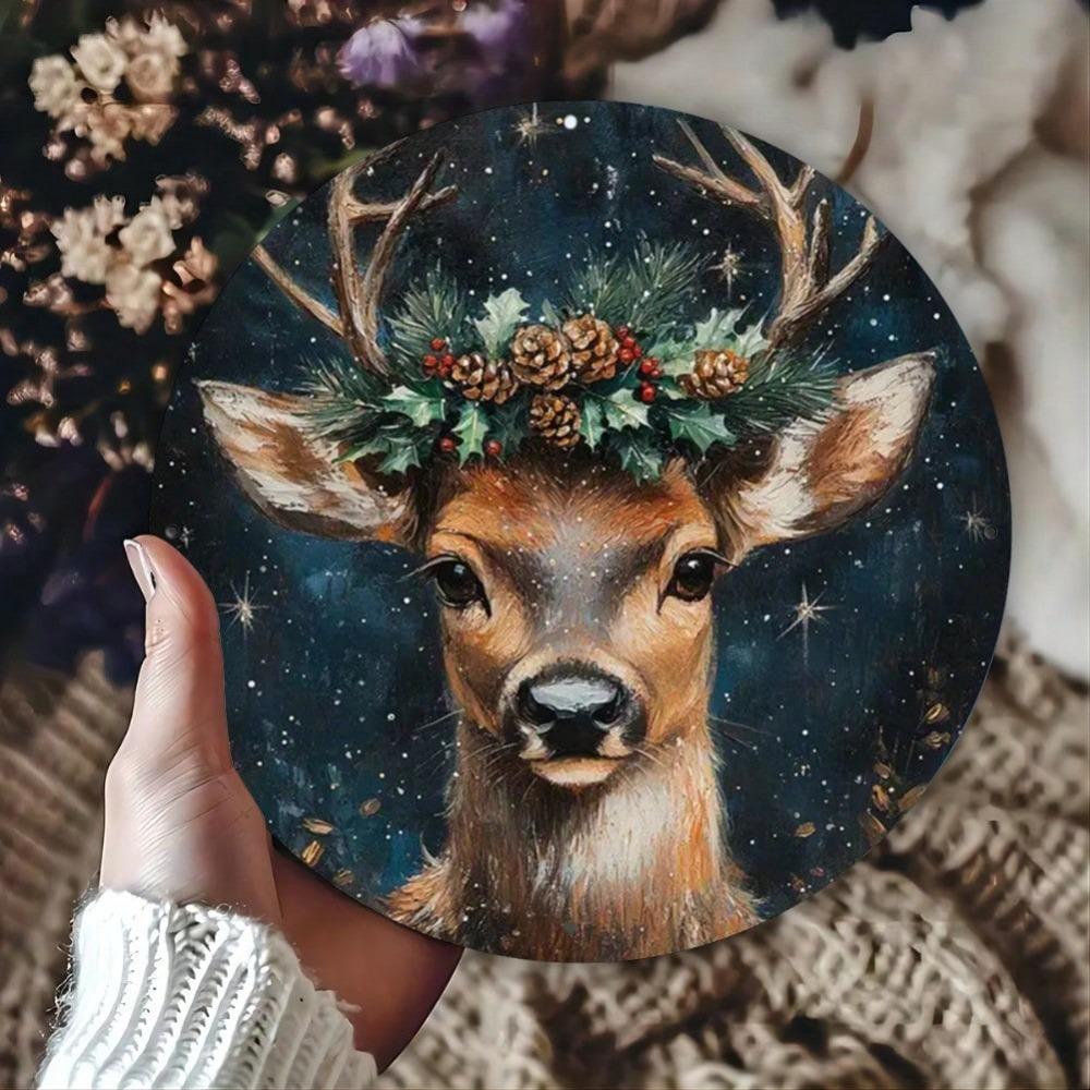 Vintage Reindeer Christmas Metal Wall Art 8x8 Inch Round Tin Sign For Bar Cafe Club Room Decor
