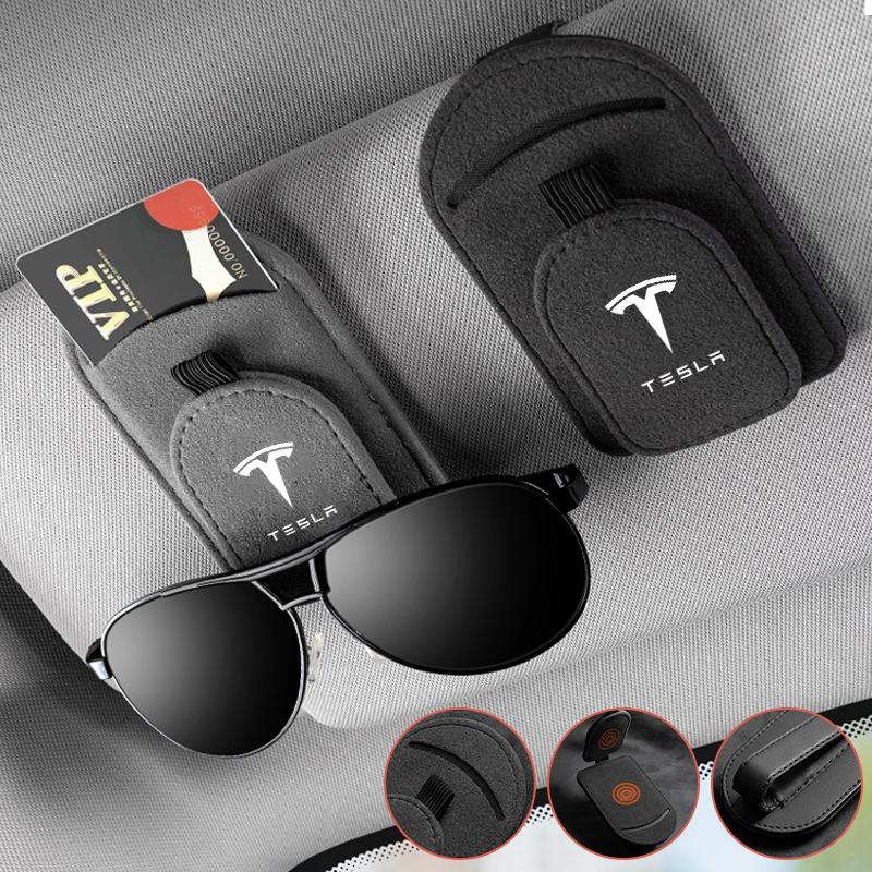 Magnetic Leather Car Visor Sunglasses Holder Ticket Card Clip for Tesla Model 3 Model S Model X Model Y Cybertruck Roadster