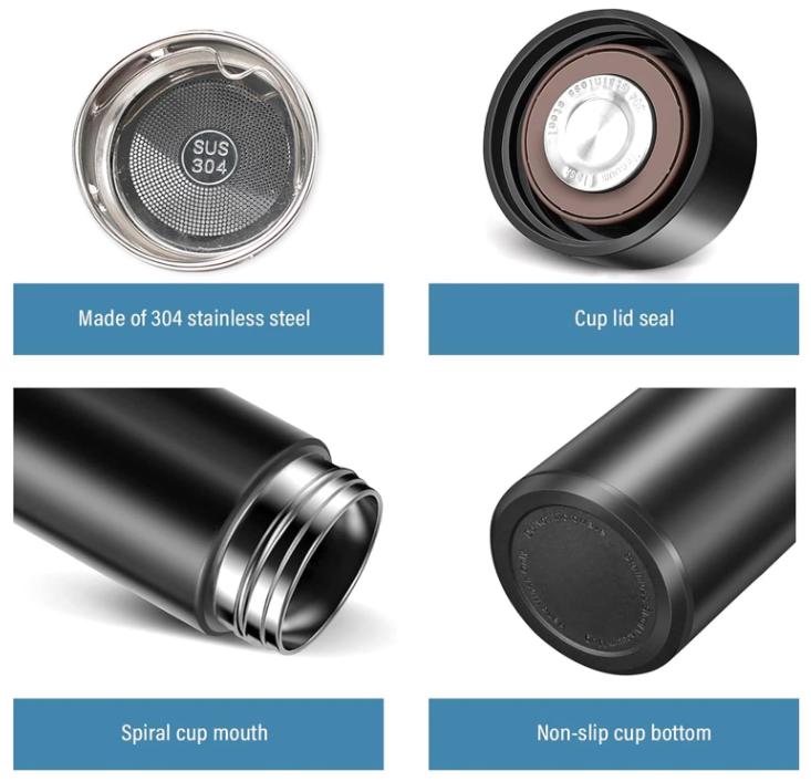 Smart Cup with Temp Display, 500ml Portable Insulated Water Bottle, Creative Simple Thermos for School College Office, Leak Proof Travel Mug