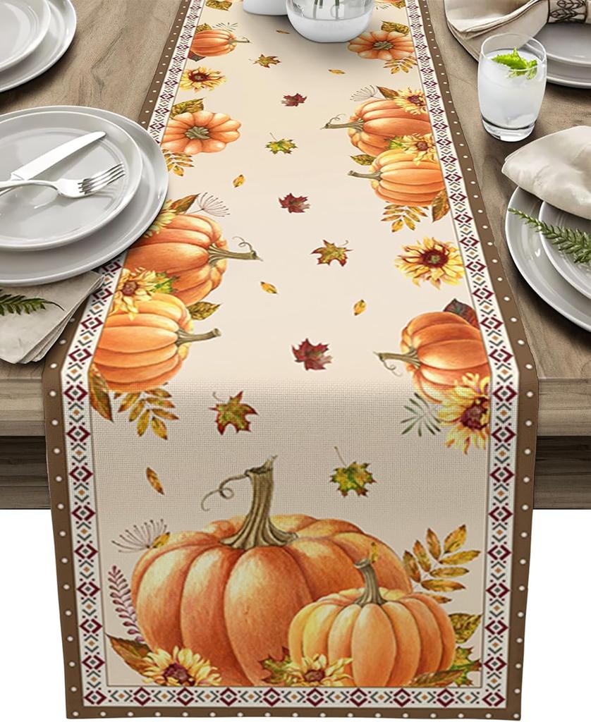Fall Pumpkin Maple Leaf Linen Table Runner Holiday Party Decor Reusable Kitchen Dining Table Runner Thanksgiving Decortaions