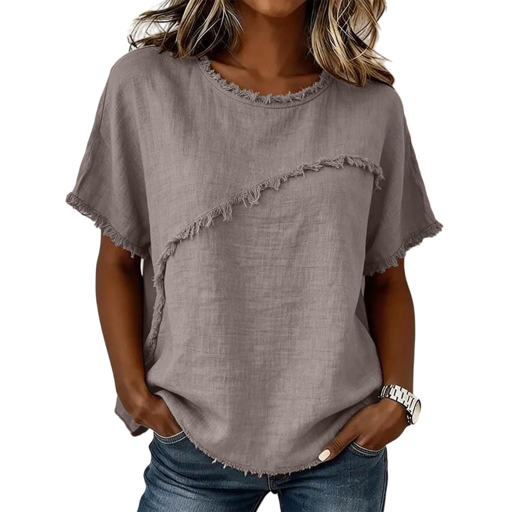 Ladies' Casual And Fashionable Round Neck Loose Linen Short Sleeved Top