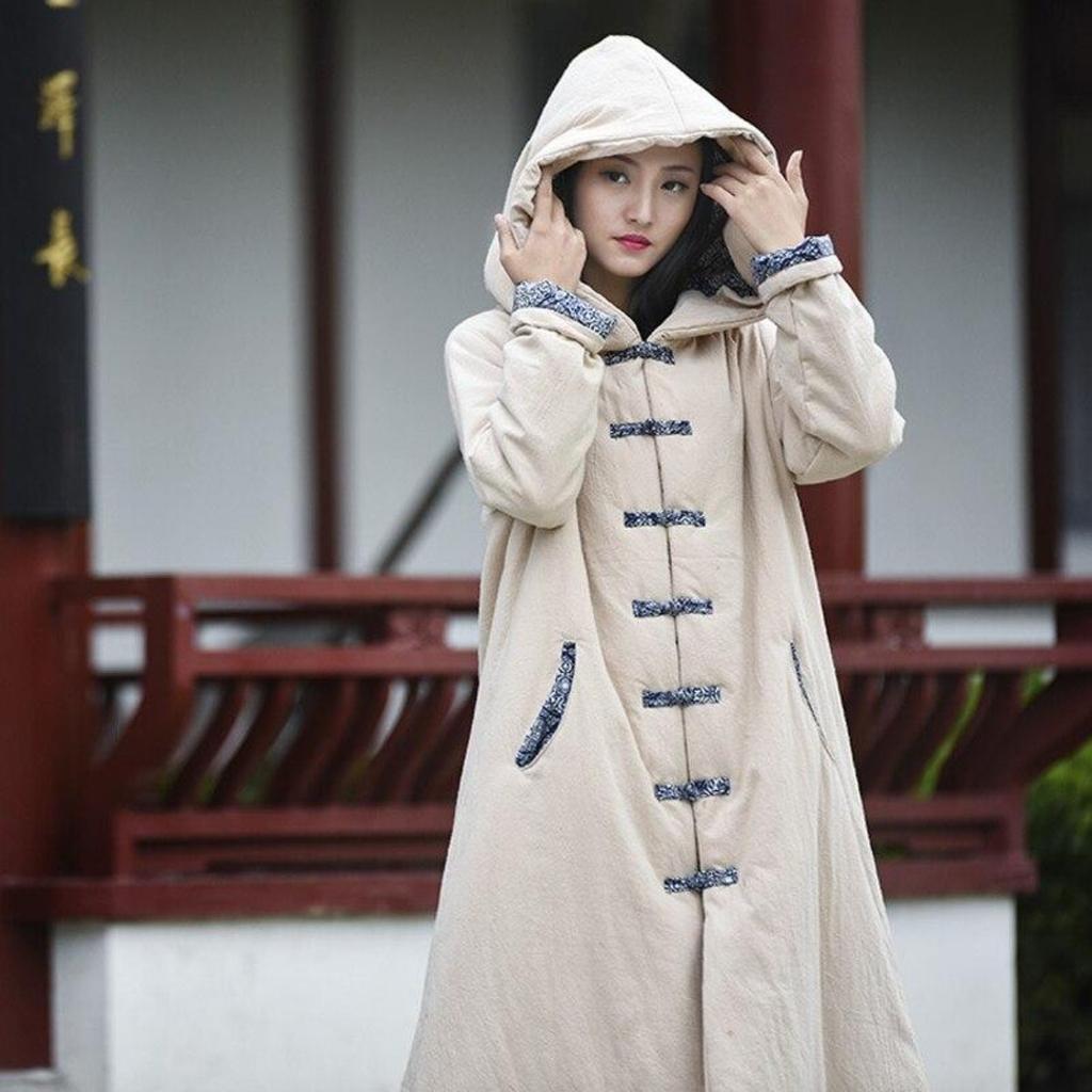 Women Cotton Linen Long Coats Winter A-Line Vintage Button Pockets Female Parkas