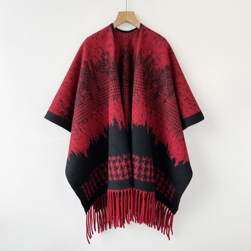 Winter Red Shawl Imitation Cashmere Women'S Thickened Fringed Shawl Socialite Lady Wearing Temperament Cape