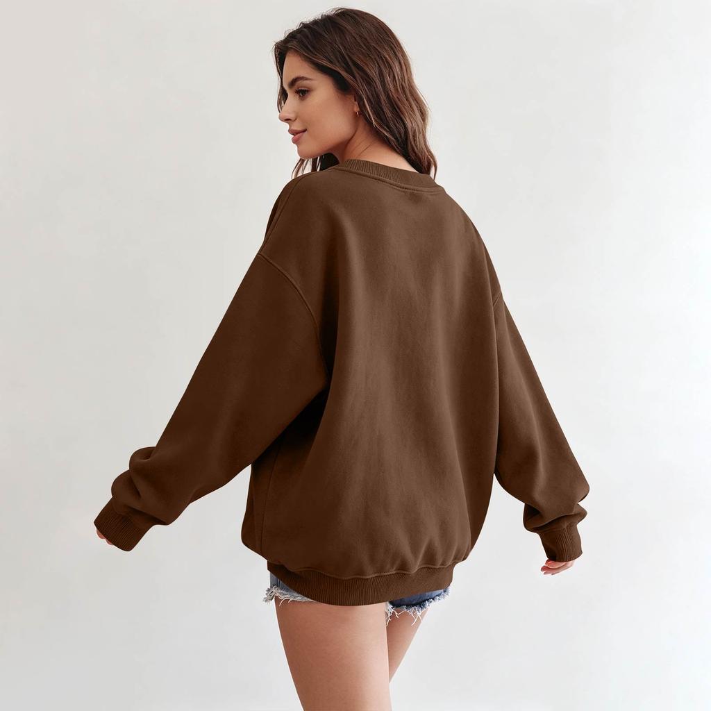 Women's Color Long Sleeve Neck Sweatshirt Loose Fit Casual Pullover Top