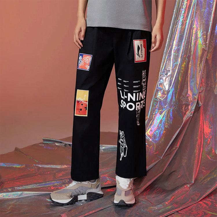 Li-Ning Themed Print Loose Straight-Leg Casual Long Pants Autumn Unisex Bottoms Black AKXR429-2