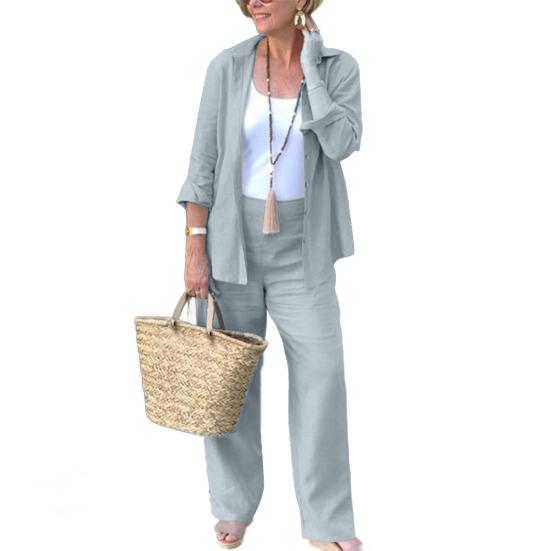 

2 шт./комплект женский повседневный наряд лацкан длинный рукав застежка на пуговицы рубашка высокая талия прямые широкие длинные брюки комплект повседневная одежда XL серебряный серый