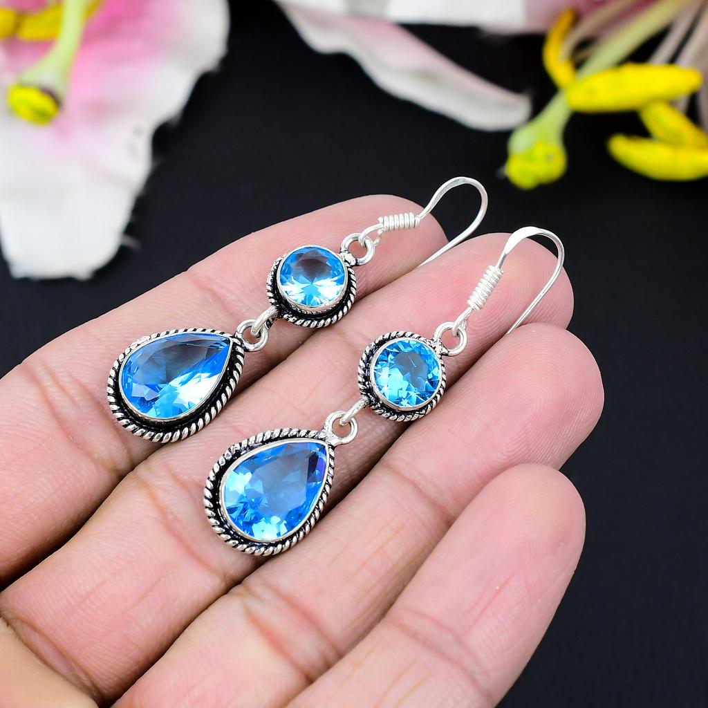 Tanzanite Quartz Gemstone Handmade 925 Sterling Silver Earring 2.56" KG-423