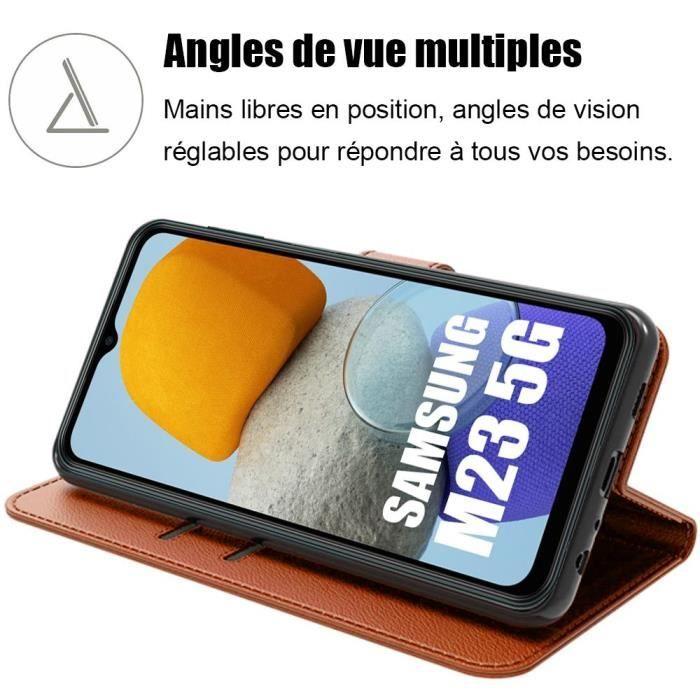 2 Verres Trempés + Coque pour Samsung Galaxy M23 5G Marron Antichoc Effet Cuir Protection 360°