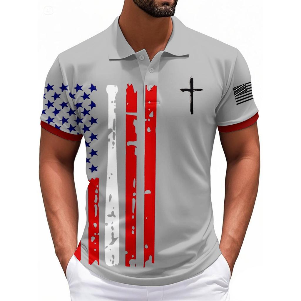 Modisches Herren-Freizeit-Oberteil mit Unabhängigkeitstag-Print am Hals und kurzen Ärmeln