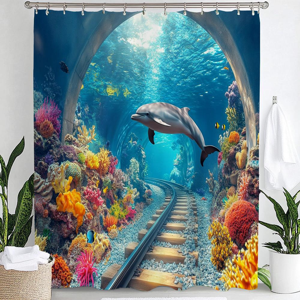 Underwater World Printed Shower Curtain With Hooks, Dolphin Sea Turtle Fish Coral Underwater Cave Ocean Bathroom Decor Curtain