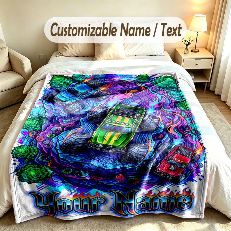 Coperta Personalizzata Tema Monster Truck Nome e Testo Personalizzati Morbida Calda Coperta da Divano Decorazione per la Casa