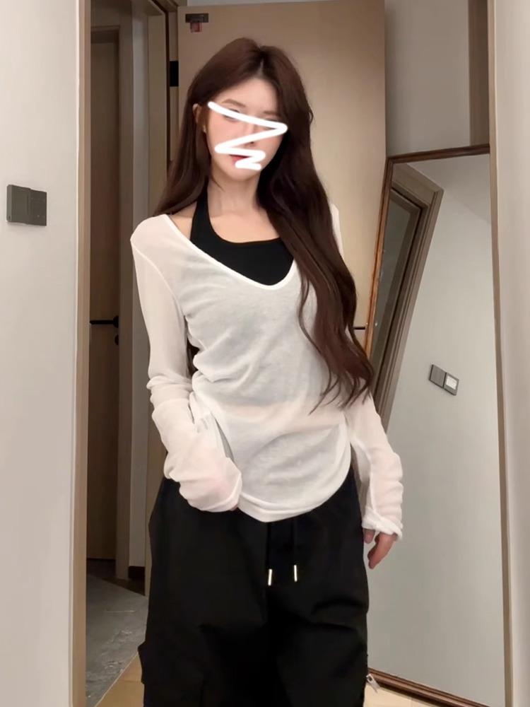 Small fresh mint green V-neck sunscreen shirt women's summer light and thin Tencel long-sleeved blouse slim-fitting bottoming top T-shirt