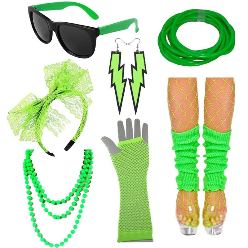 

Серьги 1980-х, Наручные и Ножные гетры, Набор повязок на голову для карнавалов, праздничных торжеств, 80-е, Ожерелье из бусин, Повязка на голову с кружевом зелёный