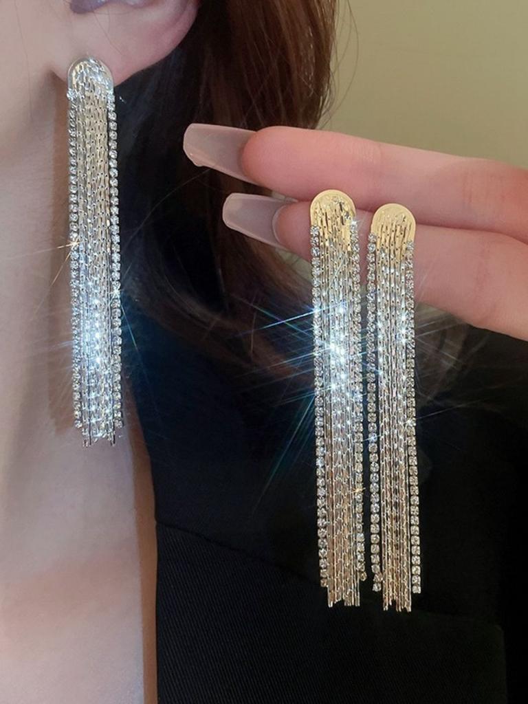 2PCS Fashionable and High-end Zircon Long Tassel Women's Earrings Banquet Accessories