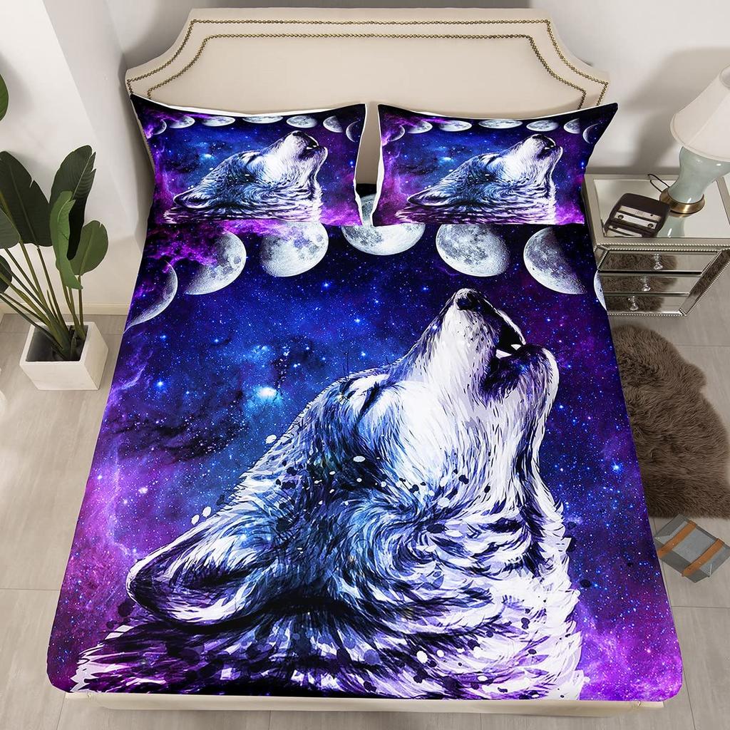 Galaxy Wolf Duvet Cover Set Full Size, Bedding Set for Boys Girls, Wolf Head Printed Duvet Cove Set 1 Quilt Cover 2 Pillowcases