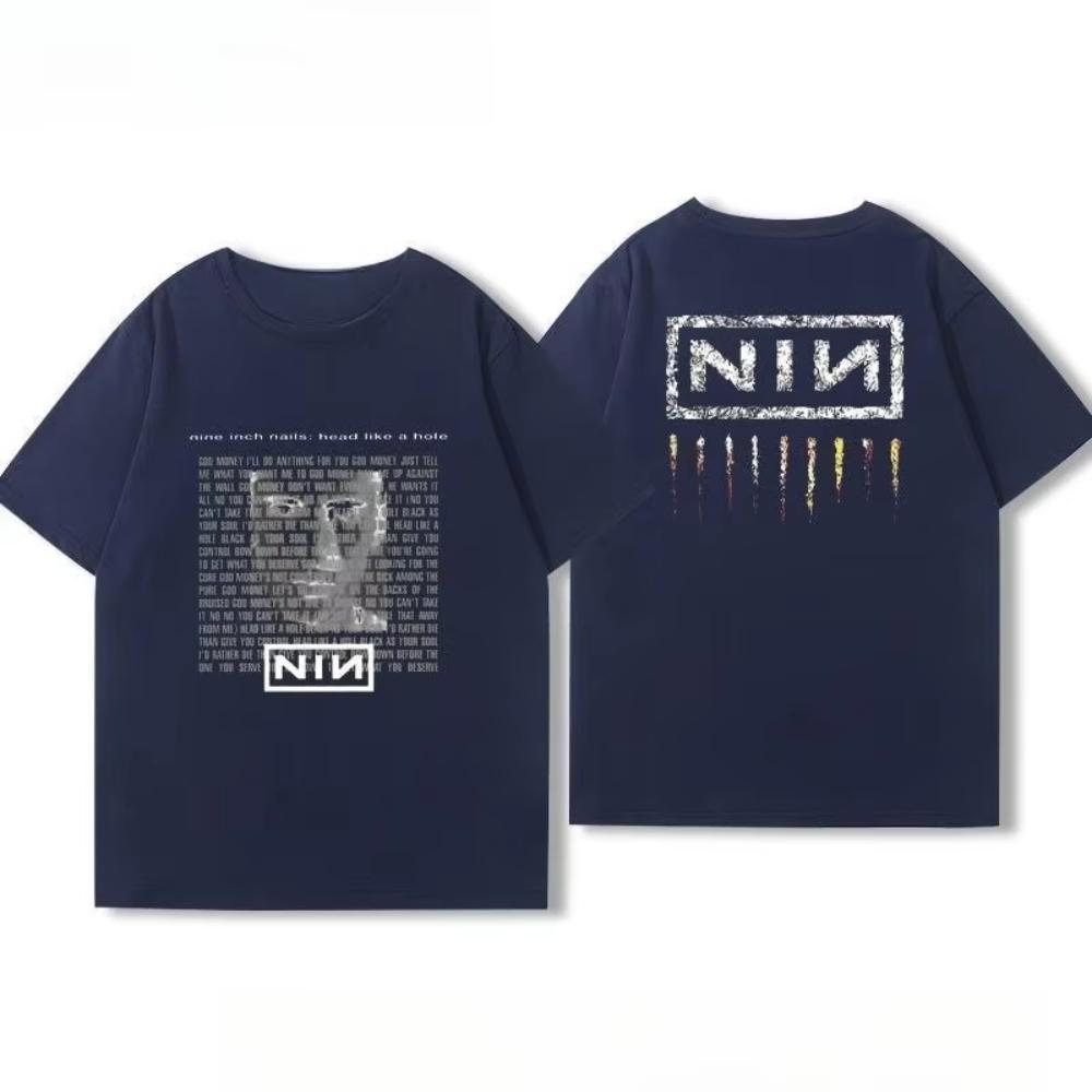 American Mens and Womens Summer Cotton Coat Nine Inch Nails Nine Inch Nails Surrounding Rock Band Short Sleeve Printed Tshirt