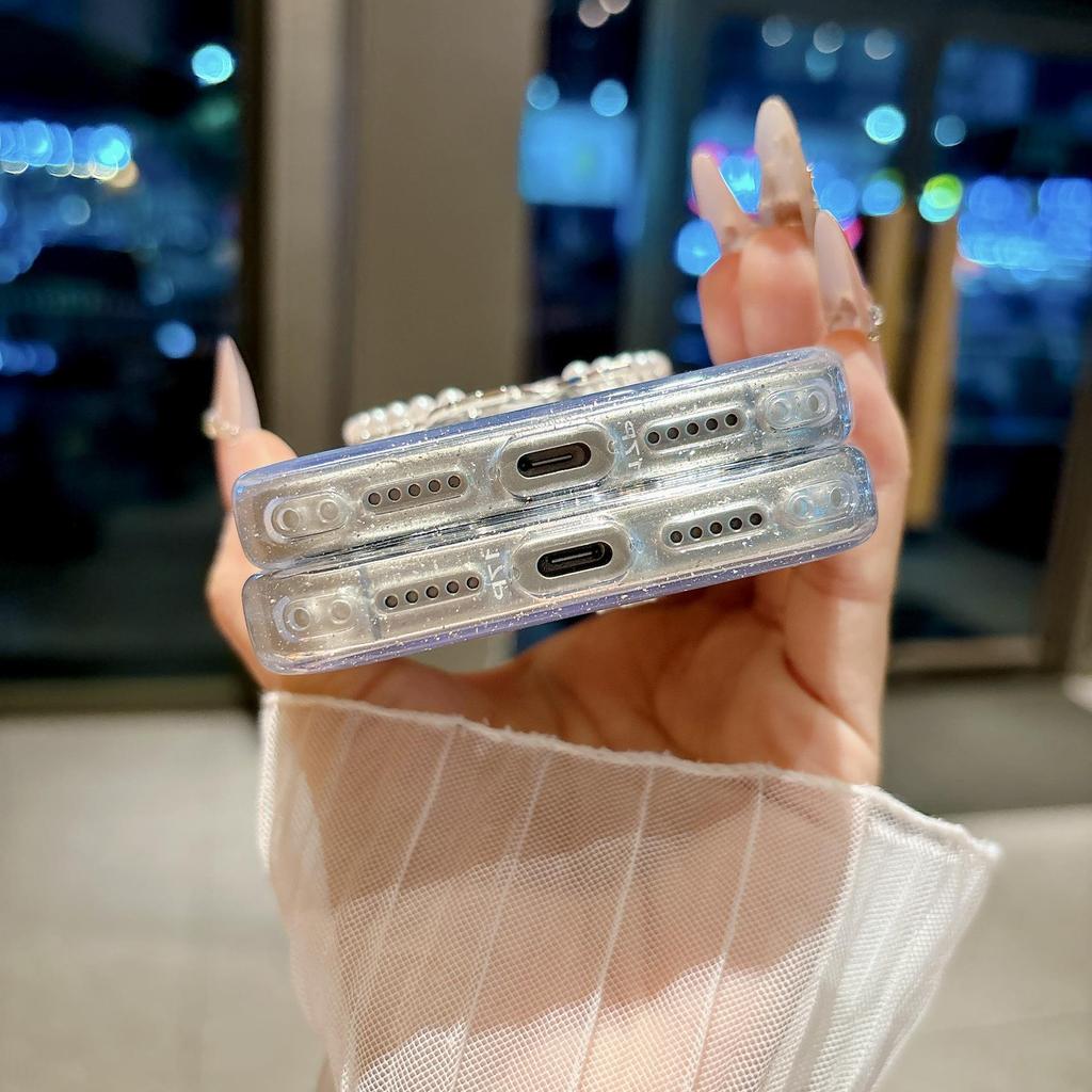 Stylish Pearl Makeup Mirror Case for iPhone 17 S26 ULTRA: Glitter Rhinestone Frame Protective Cover