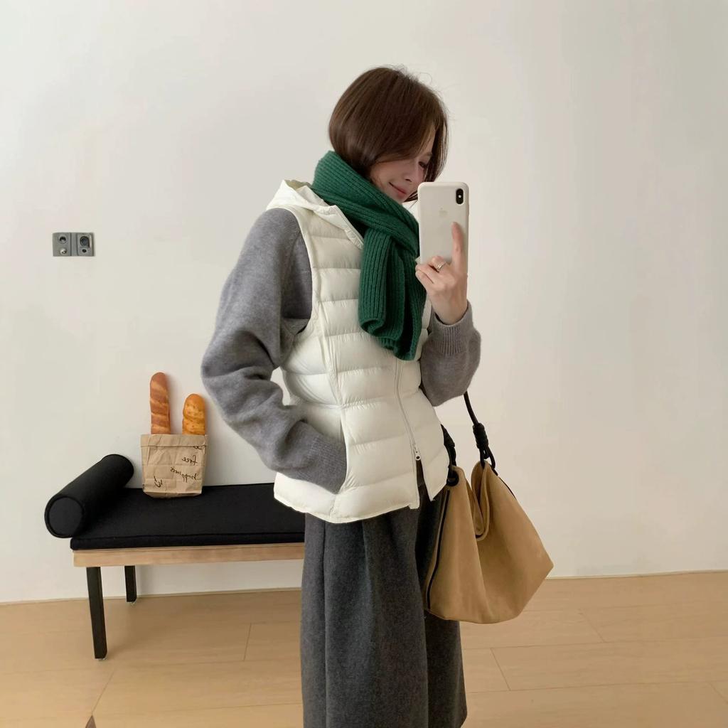 [Spot white duck down] New hooded ribs vest autumn and winter warm down vest women