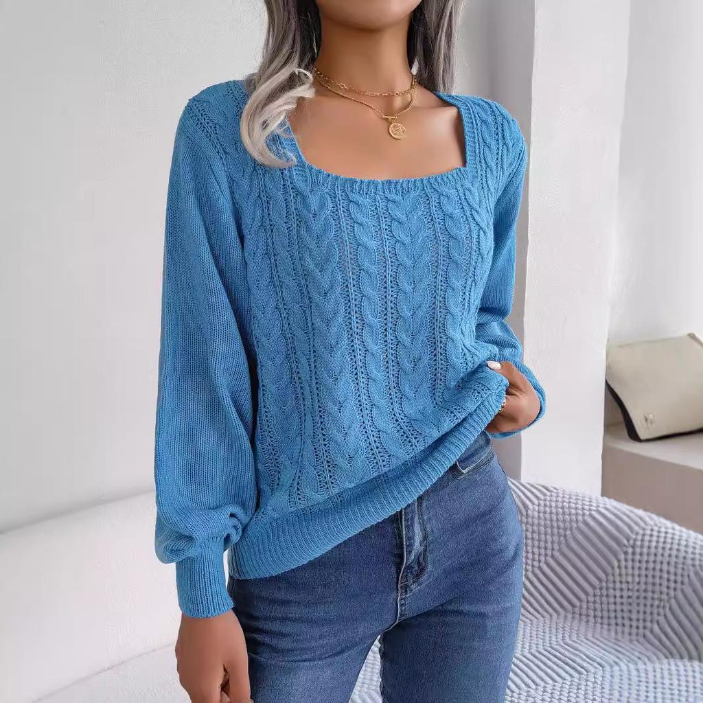 Damen-Strickpullover mit Laternenmuster, langen Ärmeln und eckigem Kragen, lässiges Strickoberteil