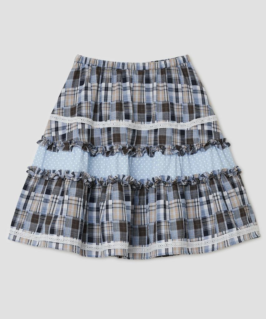 Taibseobiseu Lace Trim Ruffled Check Skirt [Blue]