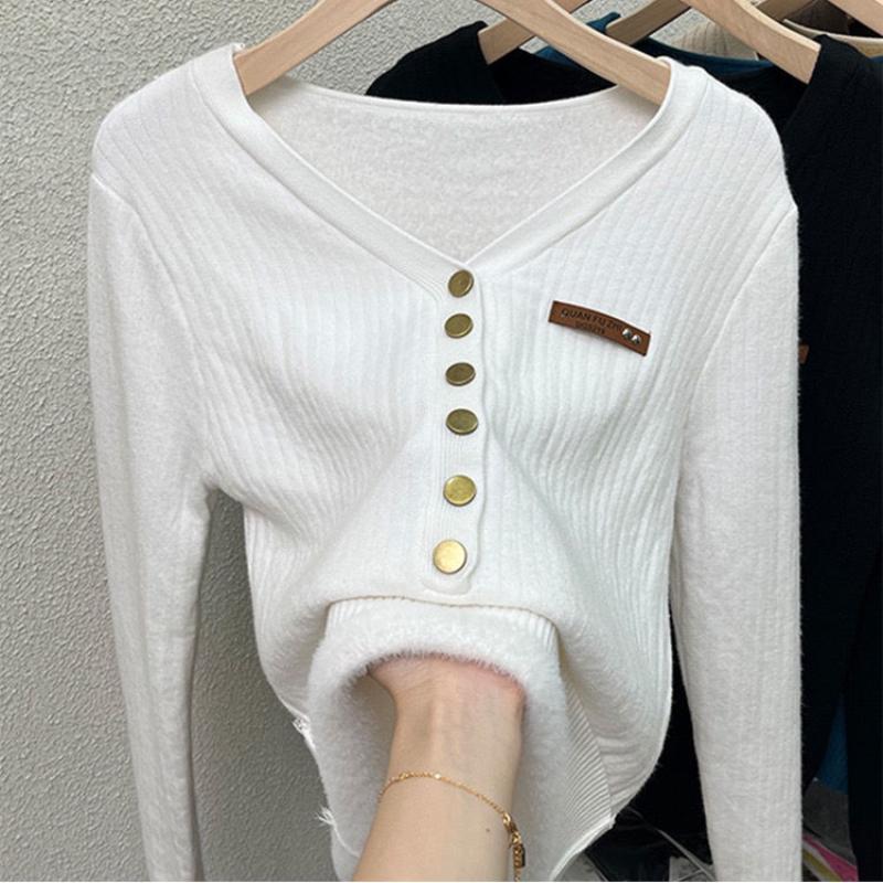 Fashion Plus Velvet Padded Sweater All Match Casual Knit Bottoming Shirt Women Autumn Winter Elegant Slim V-neck Tops