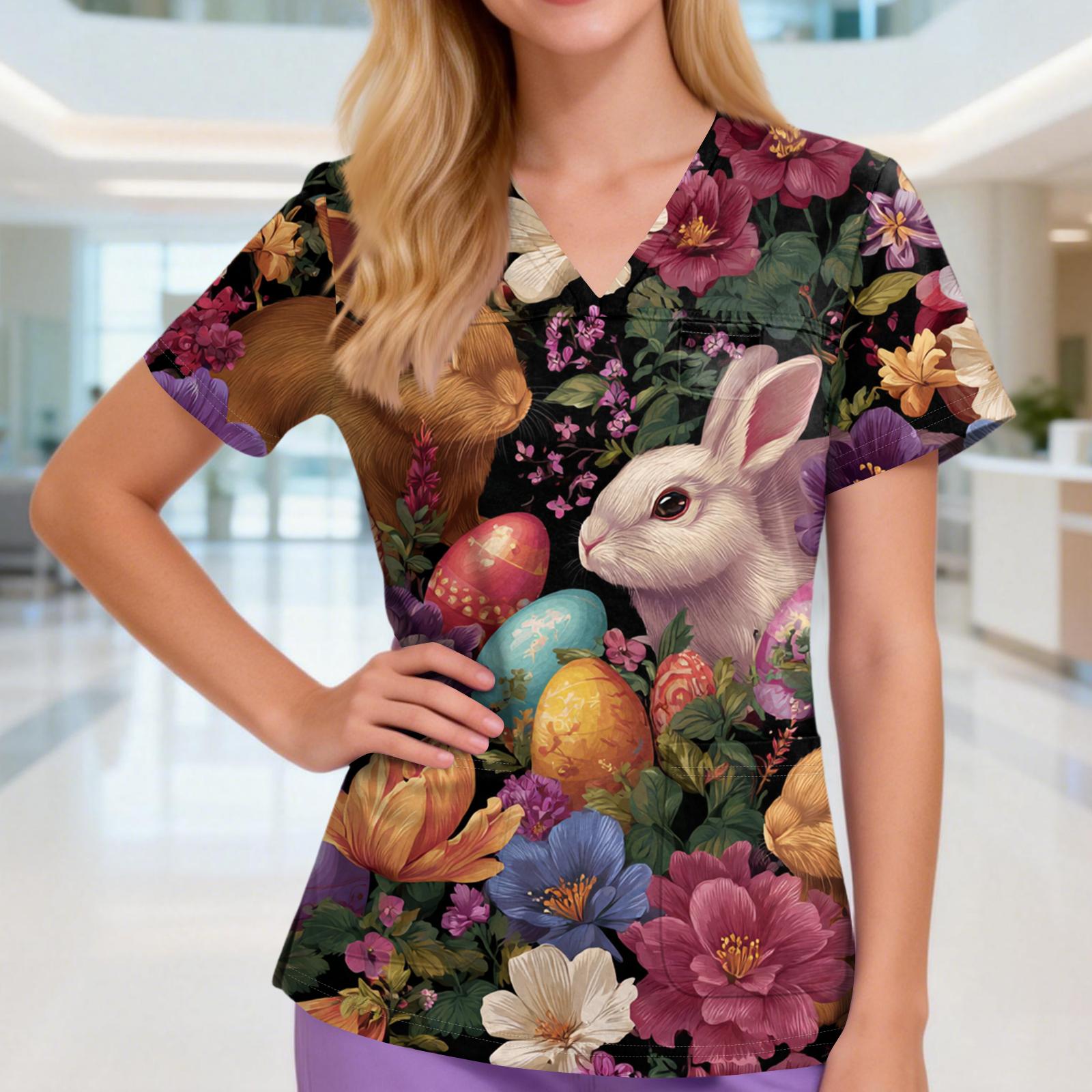 

Women s V-neck Three-pocket Short-sleeved Easter Print Uniform/caregiver Top With Slits At The Hem XXXXL білий