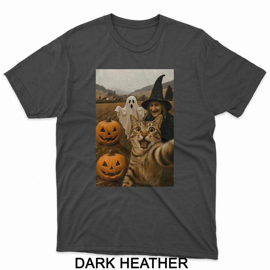 HOT SALE Funny Halloween Cat Selfie with Ghost Boo Witch Pumpkin T-Shirt Gift New T-Shirt Soft  Round-neck Tee Streetwear Style