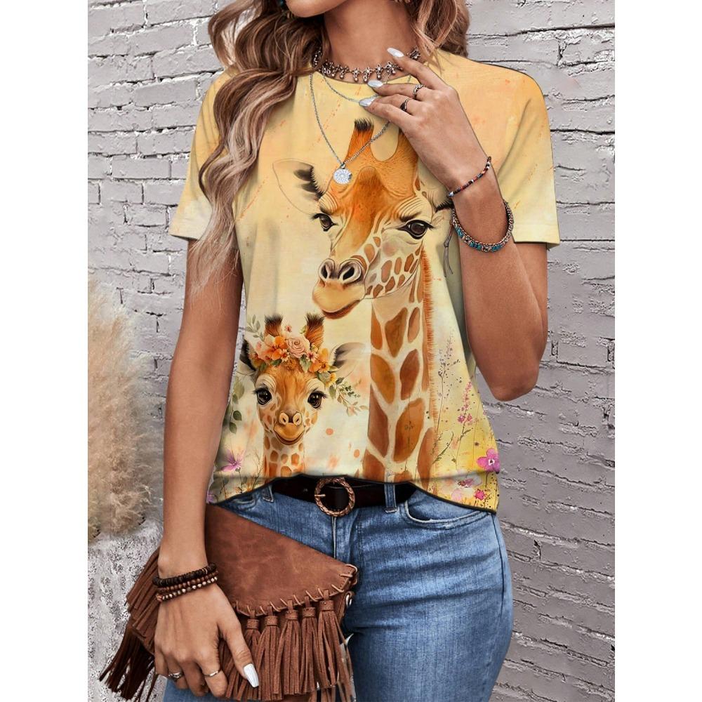 Casual And Simple Sunflower Tie Dye Printed Round Neck Short Sleeve Women's T-Shirt, Suitable For Summer