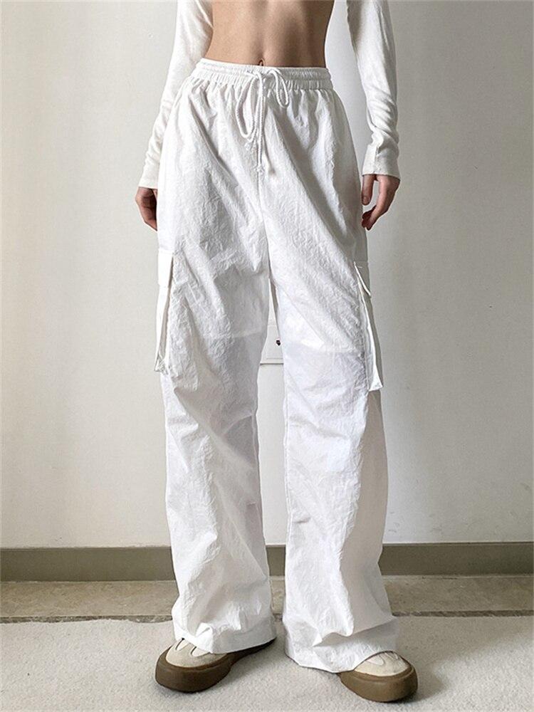 

2022 повседневные женские брюки с карманами и эластичной резинкой на талии, белые весенние спортивные брюки с высокой талией на шнуровке, модные прямые брюки L белый