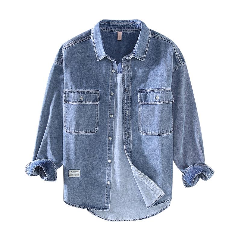 Autumn Men's Retro Light Denim Long Sleeve Shirt with Double Pockets