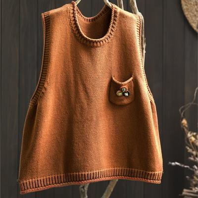 Maglioni Pullover Vintage da Donna Gilet Senza Maniche Girocollo Maglia Morbida Patchwork Tasche Maglioni Autunnali