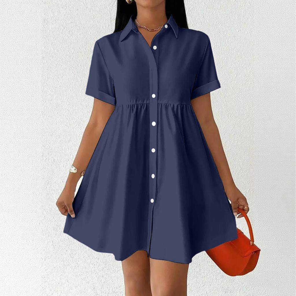 Women Short Sleeve Shirt Dress Button Down Collared Loose Fit Casual Mini Dress with Pockets Summer Style