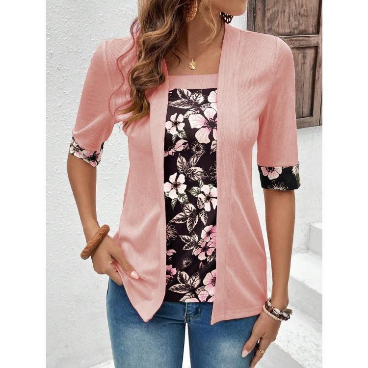 Dámské tričko s vintage potiskem Falešný dvoudílný top Letní podzimní s tříčtvrtečním rukávem