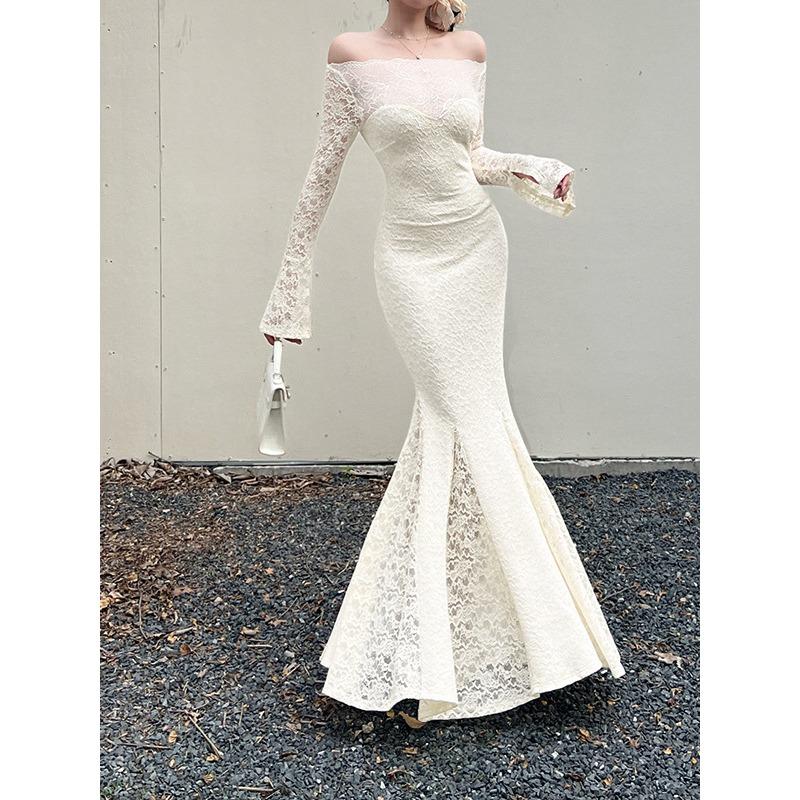 Ilya One-word Shoulder Lace Dress Women, French Long-sleeved Slim-fit High-end Temperament Dress Women