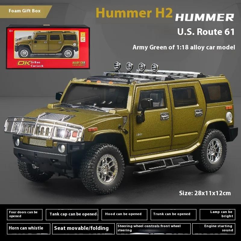 Large 1/18 Hummer H2 Alloy Off Road Car Diecast Metal Model Sound Light Pull Back Toy Collect Display Ornament Children Toy Gift