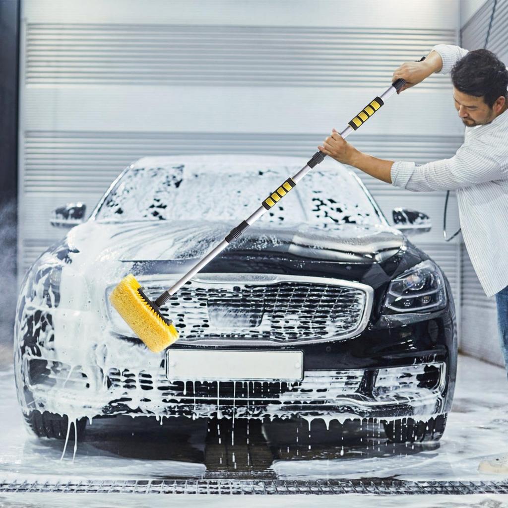 Car Wash Brush with Long Handle - Soft Bristle Cleaning Head and Hose Attachment