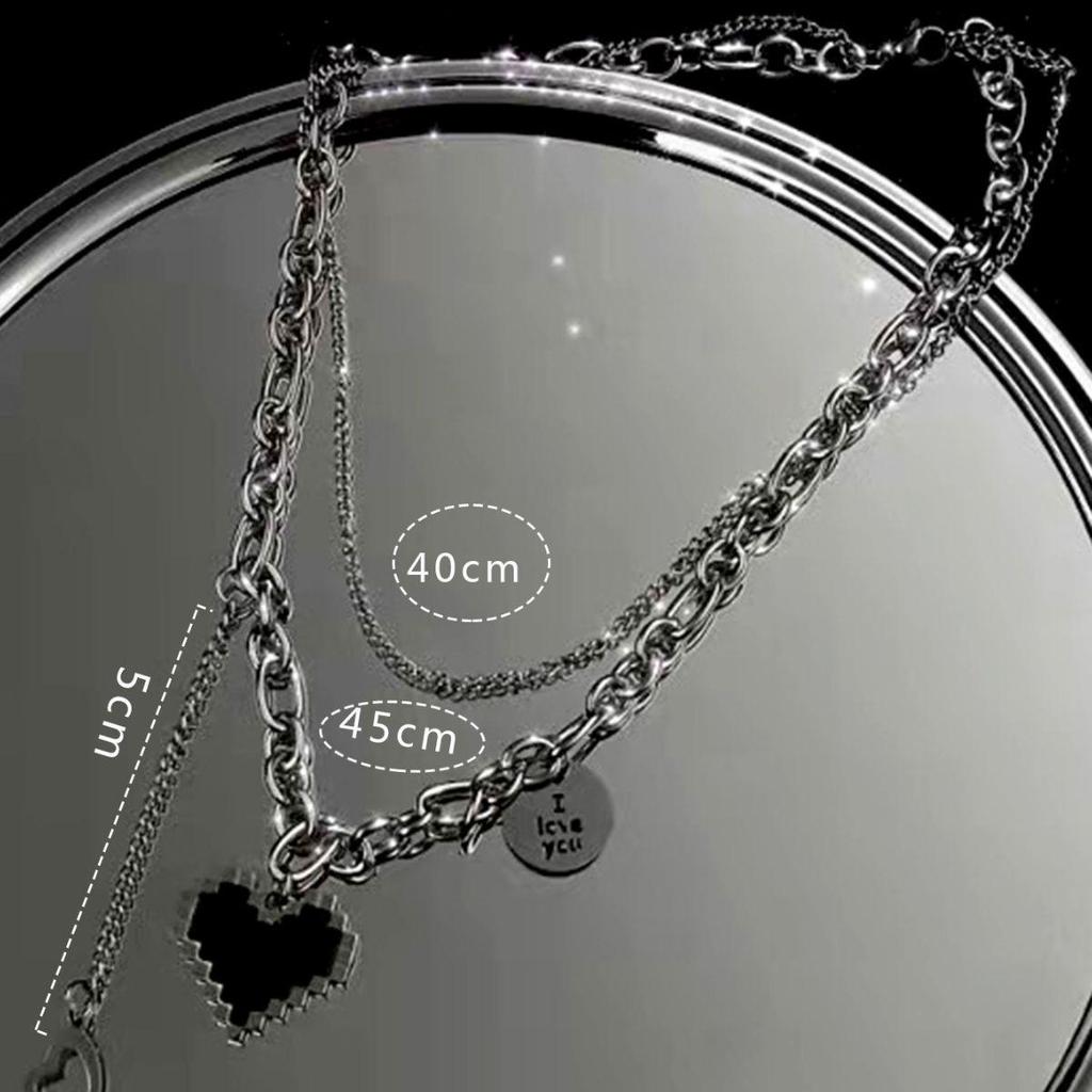 Valentine's Day Black Mosaic Heart & Peach Heart Double-Layer Hip Hop Necklace