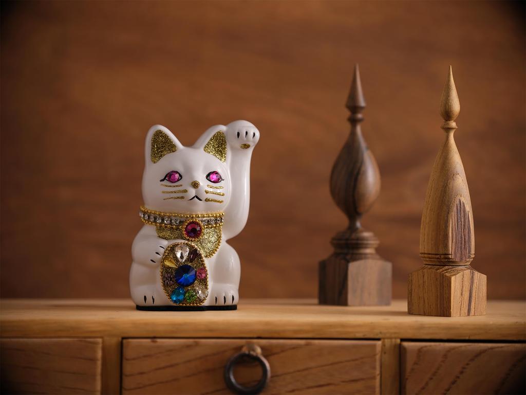 Glückskatze Schmuck Katze Mehrfarbig Linke Pfote erhoben Keramik Glückskatze Glücksbringer Feng Shui Ornament (S-SIZE Weiß) / _ Glückskatze (jwc_S Weiß)