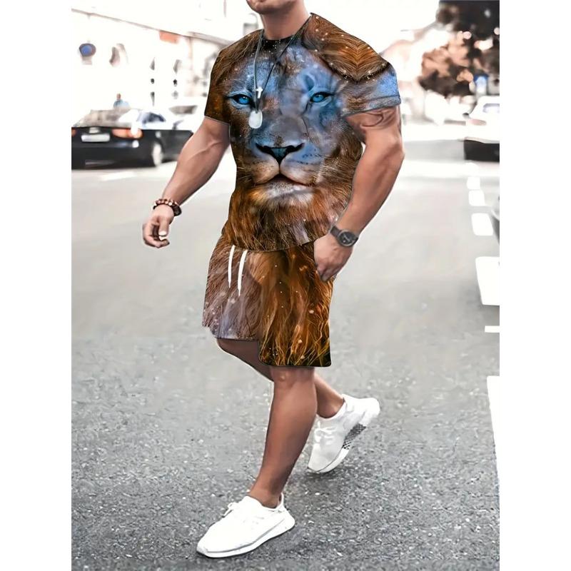 

Летний новый мужской костюм с шортами и рисунком льва, повседневный уличный костюм с футболкой и шортами, спортивный костюм с 3D-цветными блоками и круглым вырезом 6XL