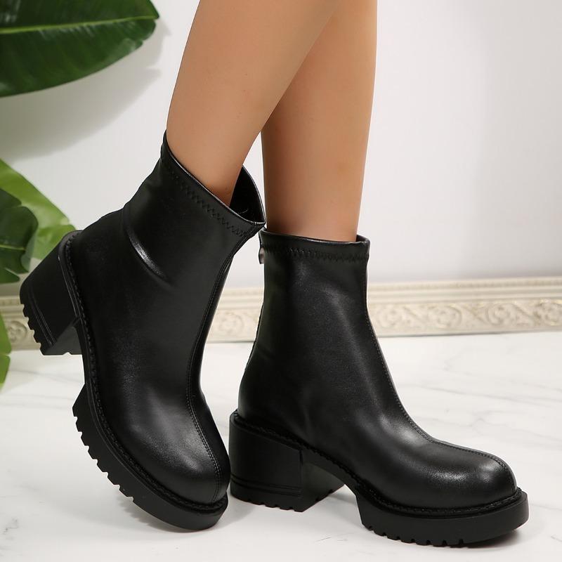 Women Fashion Boots Round Toe Platform Sole Square Heel Back Zipper Short Boots Retro All-match Waterproof Platform Autumn Boots