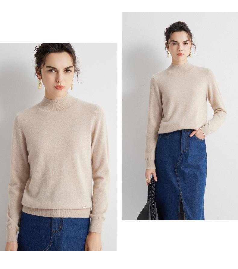 Women's 100% Pure Cashmere Sweater - Autumn/Winter Collection, Half-High Neck, Versatile Long Sleeve Knit Base Layer