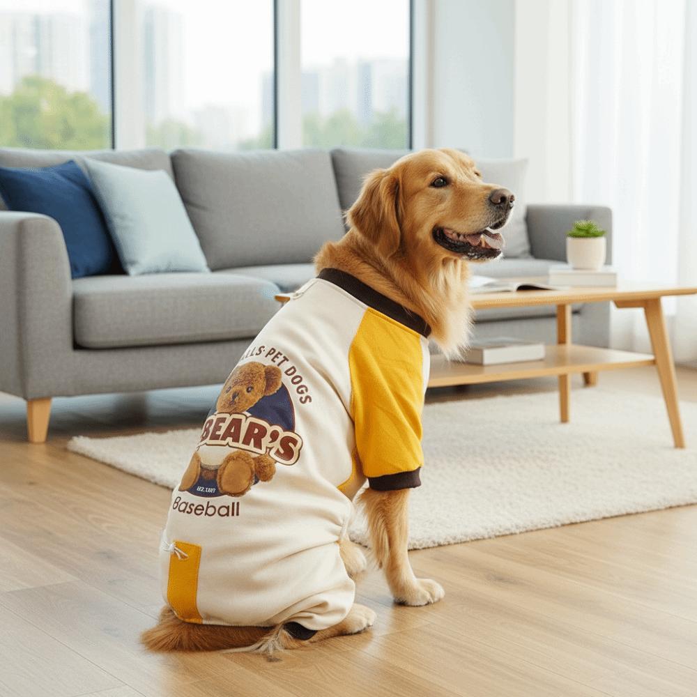 Thickened Dog Jumpsuit Color Block Comfortable Four Legged Clothes with D-Ring Bear Pattern Dog Warm Pajamas Outdoor