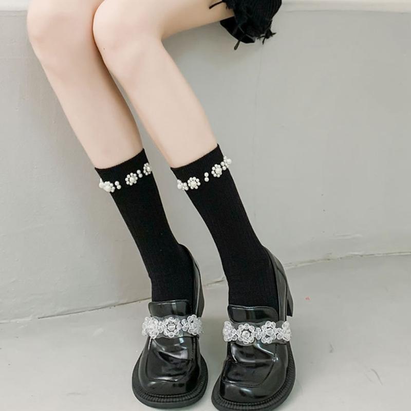 Simple Pearl Knee High Socks Cotton Calf Socks Sweet Knee High Stockings Lolitas Princess Socks for Womens Girls Gifts