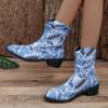 Large size denim splicing medium tube fashion boots autumn and winter new square heel pointed women's boots