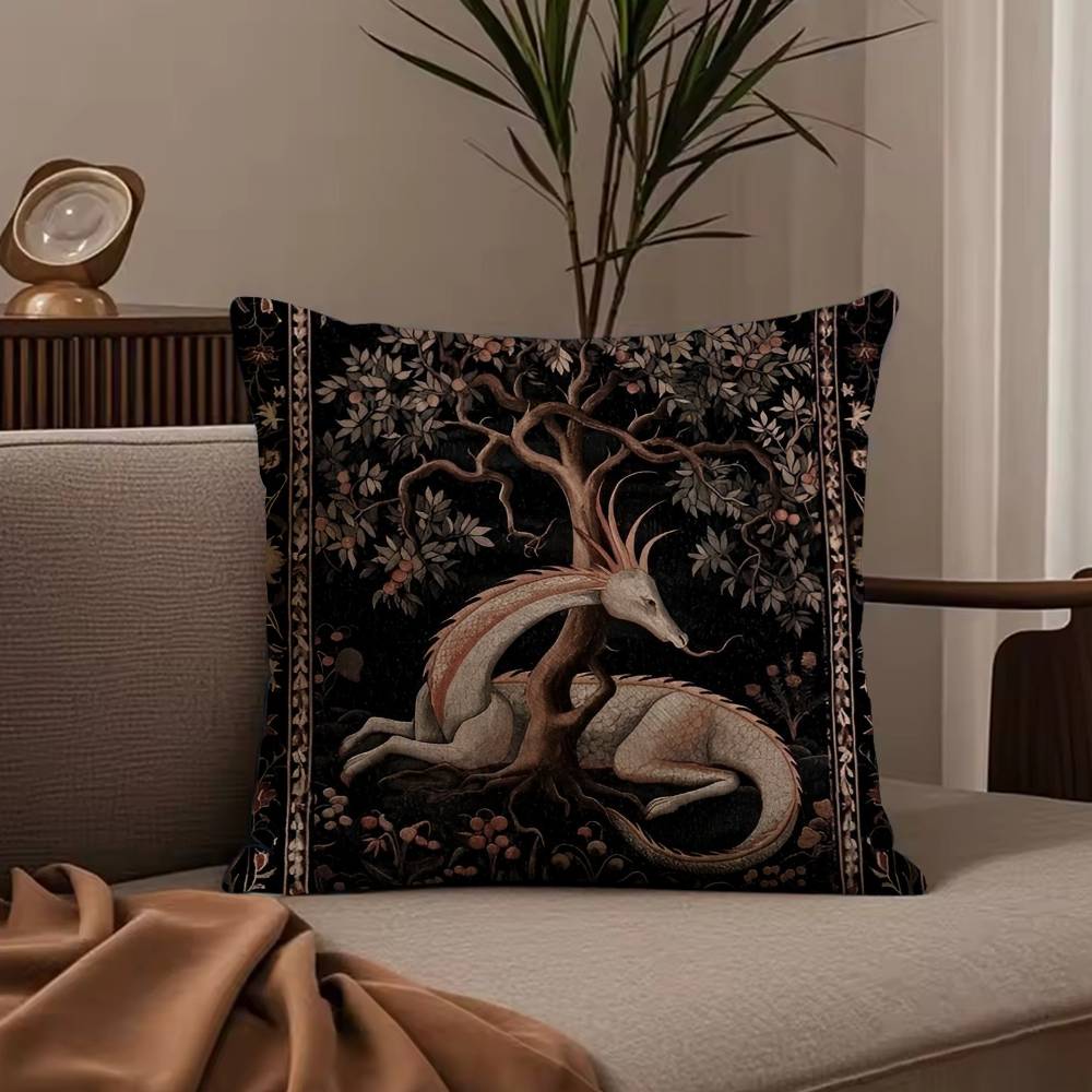 Vintage Medieval Unicorn Art Pillow Case Anti-dustmite Pillowcase Invisible Zipper Silky Short Plush Sofa Cushion Cover