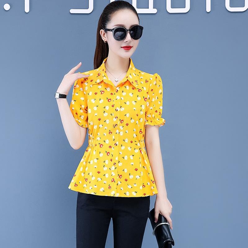 

YYFS Женская мода Повседневная Летняя Весна Полосатый Принт Короткий Рукав Воротник ПОЛО Блузки и Рубашки XL