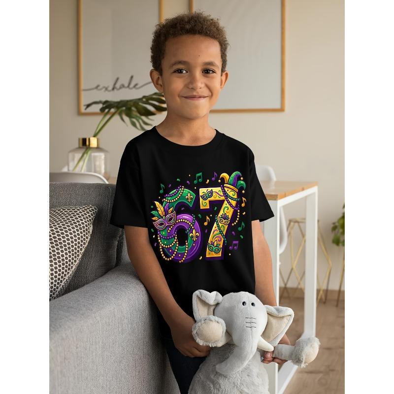 European Sizes Mardi Gras '67 New Orleans Retro T-Shirt for Boys - Vintage Number 67 Print, Casual Kids Wear Suitable for Birthday Gifts